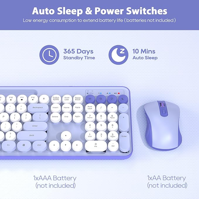 Wireless Keyboard and Mouse Combo, Retro Round Keycaps, Cute Full-Size Typewriter Keyboard with Phone Holder, Sleep Mode, Click Soft, 2.4GHz Cordless Connection for Windows/PC/Laptop