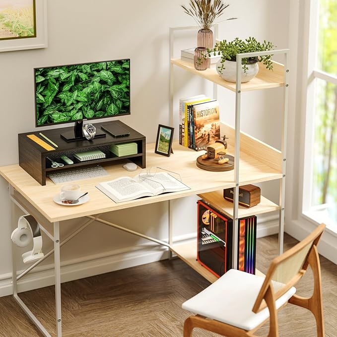 Simpple Trending Monitor Stand Riser, 2 Tier Wood Office Desk Storage Organizer for Laptop, Computer, Black
