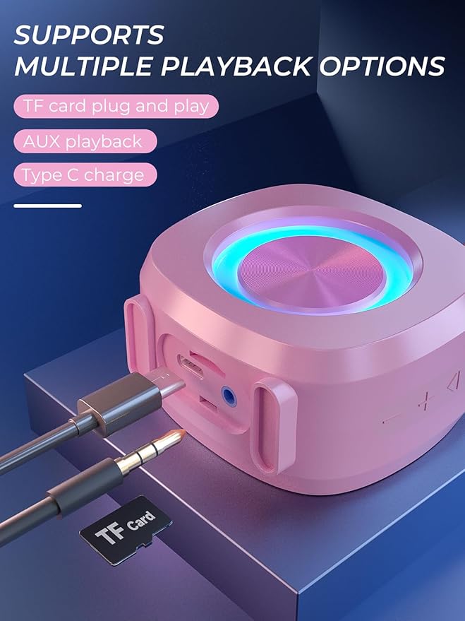 Speaker, Small Portable Bluetooth Wireless IPX5 Waterproof Shower Speaker,Loud Stereo Sound Deep Bass,TWS Paire, RGB Lights,Long Playtime for Outdoor Party, Great Gift,1PC(Pink)