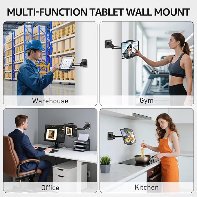 Adjustable Tablet Wall Mount, Aluminum iPad Wall Mount Holder with 360° Swivel, Extendable Wall Mount for 4.7-13" Phones & Tablets, Long Arm Foldable Bracket for iPad Pro/Air/Mini,Galaxy Tab, Kindle