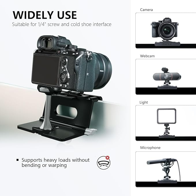 RAUBAY 【Upgraded】 Monitor Camera Mount Stand, Hanging Webcam Clamp with 1/4" Screw, MILC Monitor Top Support for Live Stream, etc. Compatible with Curved Monitors, Maximum Width up to 1.4" CM02