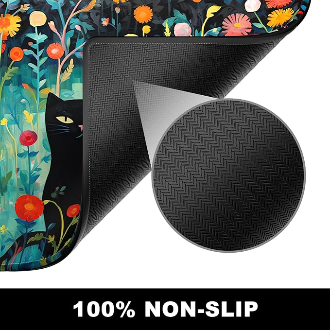 BOSOBO Large Mouse Pad, Desk Pad, XXL XL Extended Gaming Mouse Pad, Desk Mat for Office & Home, Long Keyboard Mat, Huge Mouse Pad, Desktop Full Cover 35.5 x 15.7 Inches, Black Cat and Folwers