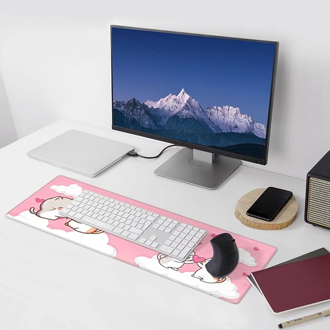 Pink Cat Cute Gaming Mouse Pad Desk Mat for Home and Office, Large Mousepad Extended Keyboard Pad Stitched Edge Accessories Decor