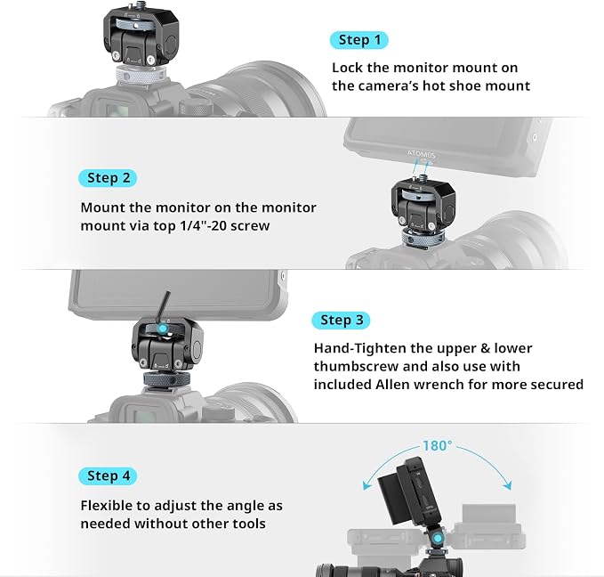 SmallRig Camera Monitor Mount Lite with Cold Shoe, Swivel 360° and Tilt 180° Holder for Field Monitor, LED, Flash and Video Shooting Photography Accessories, Max Load Capacity of 90° Tilt 3.2kg - Image 6