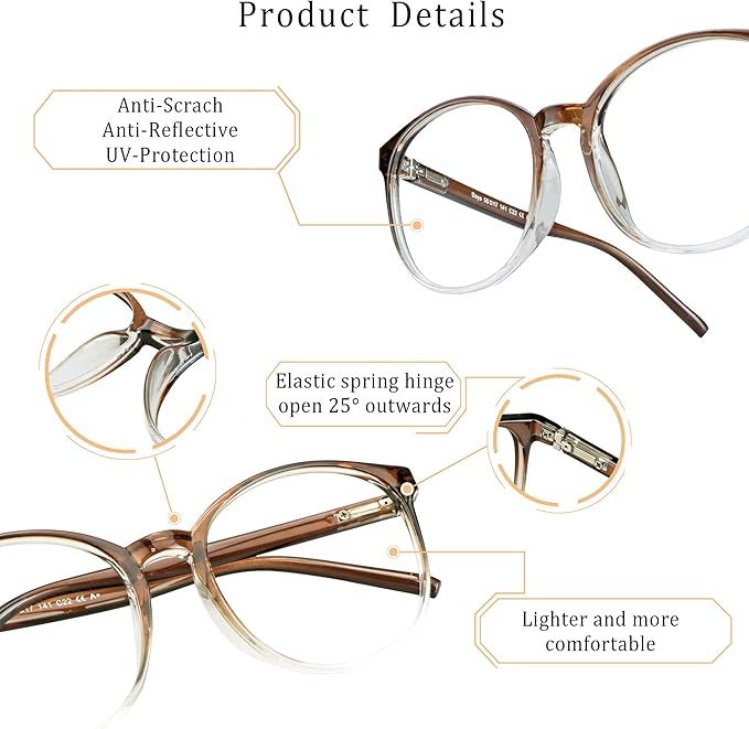 LifeArt Round Blue Light Blocking Glasses, Computer Glasses, Gaming Glasses, TV Glasses for Women Men (Clear Brown, 2.75 Magnification)
