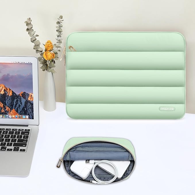MOSISO Laptop Case 13.3 inch,13-13.3 inch Puffy Laptop Sleeve Compatible with MacBook Air 13.6 M5 M4 M3 M2 M1/Neo/Pro 13/14,HP Dell ASUS Lenovo,Polyester Horizontal Bag with Small Case, Mint Green