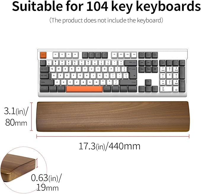 Walnut Wooden Wrist Rest for Mechanical Keyboard, Ergonomic Design for Wrist Pain Relief, Smooth No Odor and Easy to Clean, Support Wrist to Coding Typing and Playing (for 104 Key)
