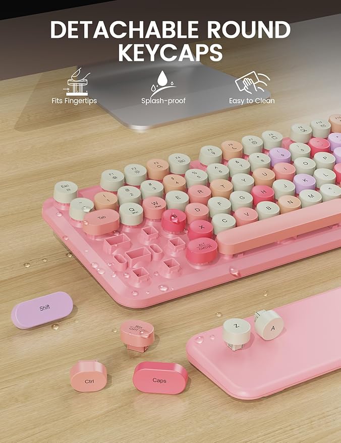 Wireless Keyboard and Mouse Combo, Typewriter Keyboard with Detachable Wrist Rest, Full-Size Retro Round Keycaps, Smart-Sleep, 2.4GHz Stable Connection for Mac/Windows/PC, Trueque(Rose Quartz Pink)