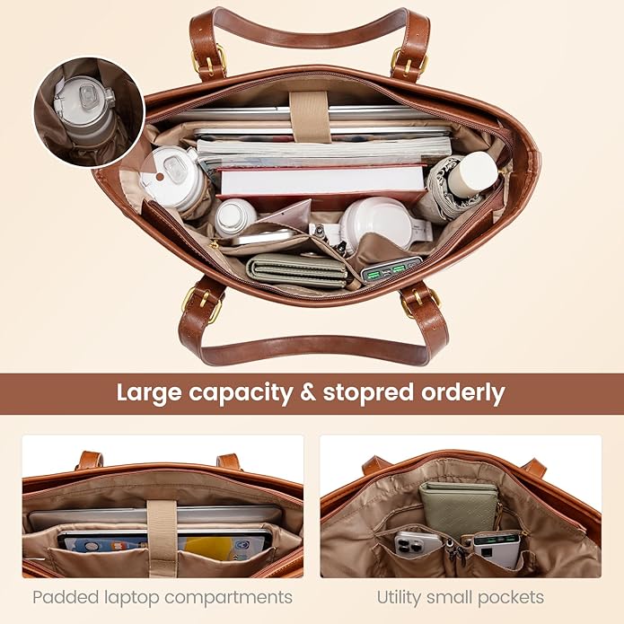 LOVEVOOK Laptop Tote Bag for Women,Vintage Leather Work Tote Bag for Women Computer Briefcase Bag,Waterproof Teacher Business