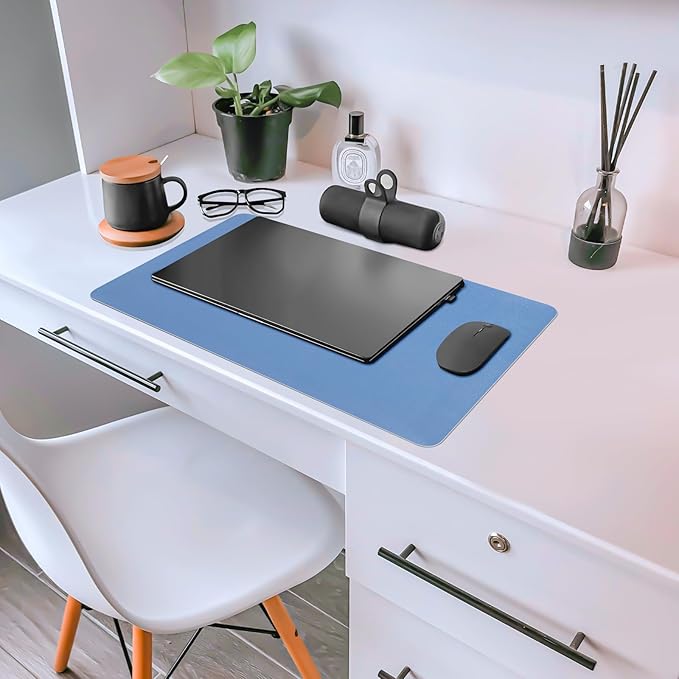 Desk Pad Mat, Leather Desk Mat for Desktop, Blue Computer Mouse Pad Non-Slip, Waterproof Keyboard Mats for Office/Home/Decor, 23.6" x 13.7"
