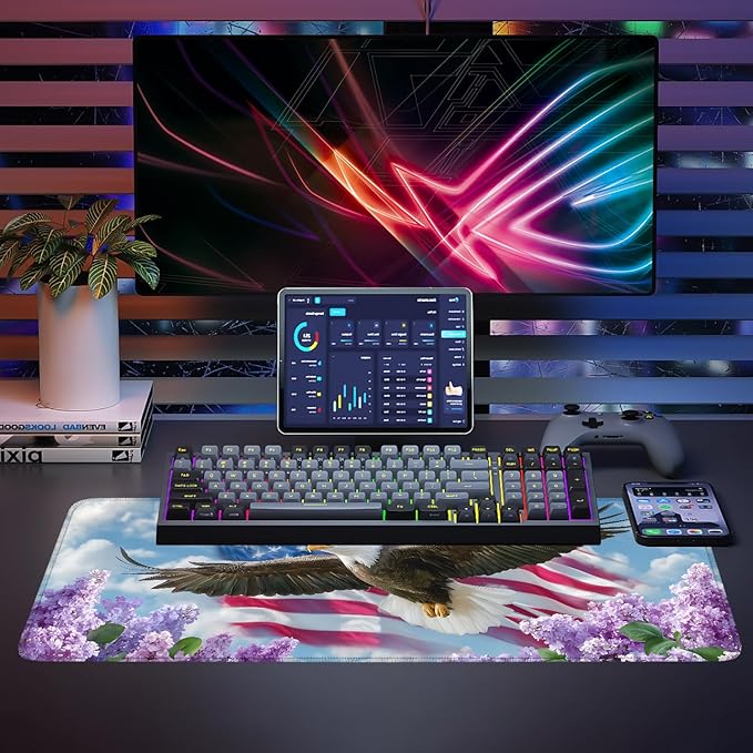 Mouse Pad, Large Anti-Slip with Stitched Edges Desk Mat Desktop Laptop Computer Desk Keyboard Mat,Table Protector Blotter Mat (Flowers and Eagles, 31.5" x 11.8")