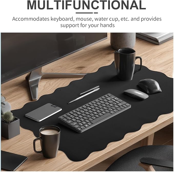 Scalloped Desk Mat Leather Desk Pad Protector Non-Slip PU Leather Table Protector Waterproof Mouse Pad Keyboard Mat Curly Mousepad PC Accessories Gift for Office Home (Black)