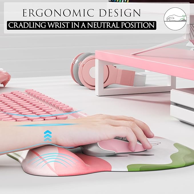 MROCO Ergonomic Mouse Pad with Gel Wrist Rest, Smooth Wrist Support Surface, Non-Slip PU Base for Pain Relief, Comfortable Mousepad for Computer, Laptop, Office & Home, 9.4 x 8.1 in, Pastel Petals