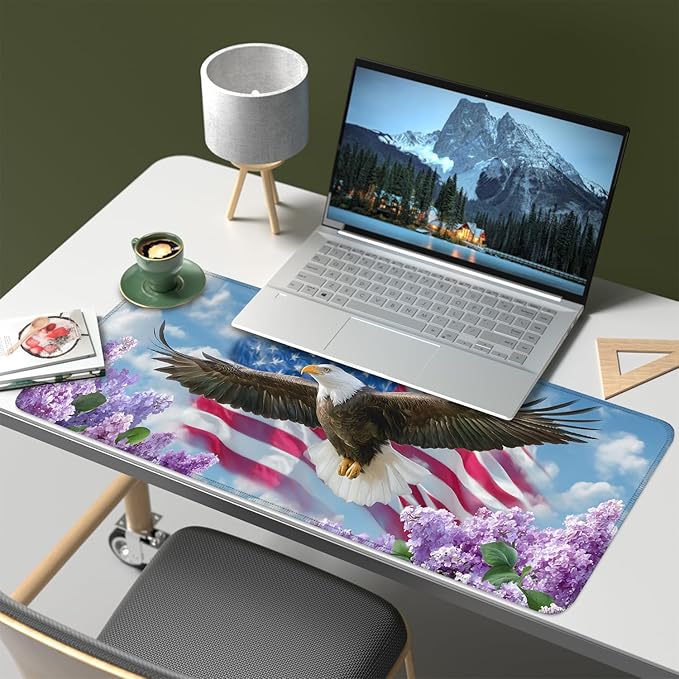 Mouse Pad, Large Anti-Slip with Stitched Edges Desk Mat Desktop Laptop Computer Desk Keyboard Mat,Table Protector Blotter Mat (Flowers and Eagles, 31.5" x 11.8")