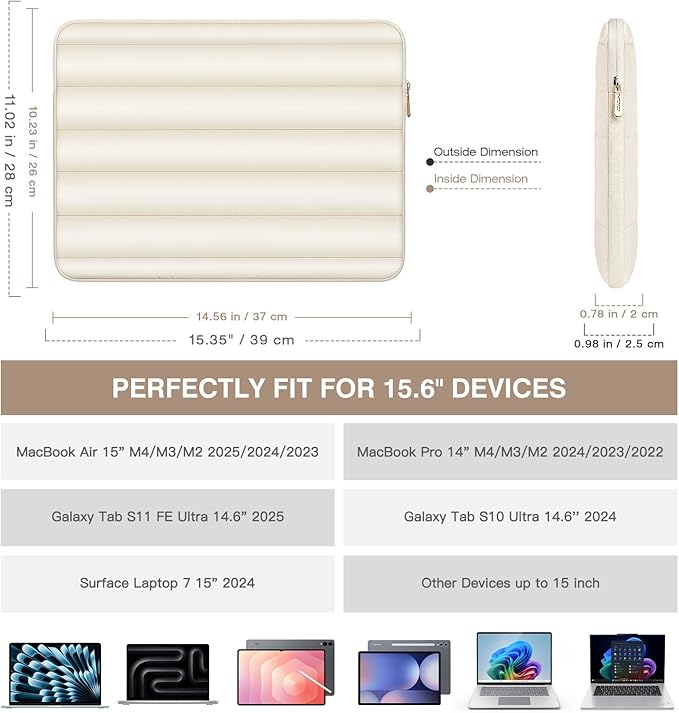 MoKo 15.6 Inch Puffy Laptop Sleeve, Laptop Carrying Bag Compatible with MacBookAir 15" / Pro 14" M4/M3/M2 2025/2024/2023, Galaxy Tab S10 FE Ultra 14.8" 2025, Notebook Travel Bag, Milky White