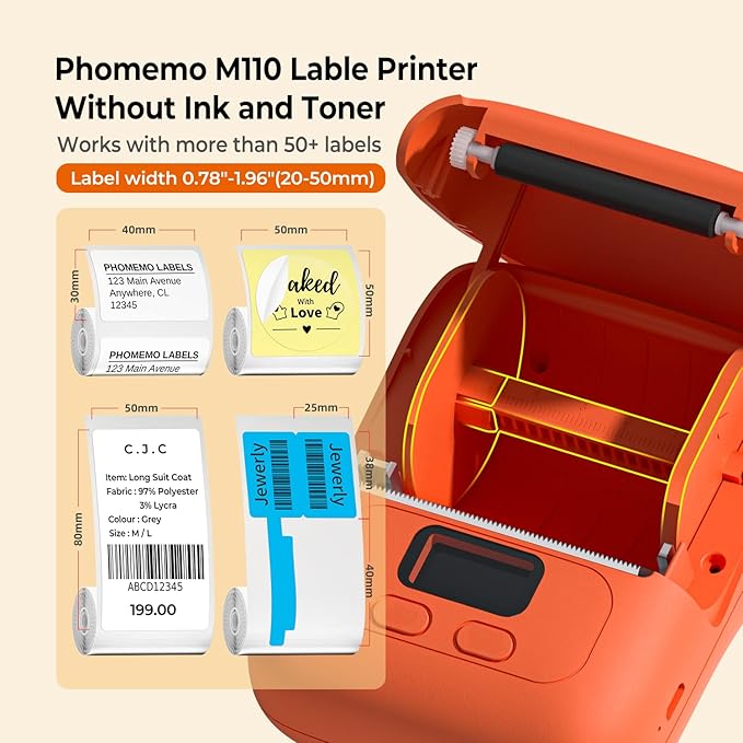 Memoqueen M110 Label Maker Machine-Barcode Label Printer, Portable Sticker Maker for Price Tag, Logo,Address, Mailing, Home, Office & Small Business, Compatible with Phones&PC Orange