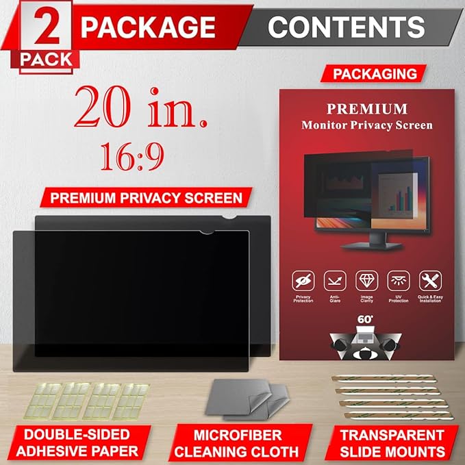 [2 Pack] 20 Inch Privacy Screen Filter for Widescreen 16:9 Monitor | Privacy Shield | Anti-Glare |Anti-SPY | Anti-Blue light | Eye Protection | Computer Security Private Filter Protector