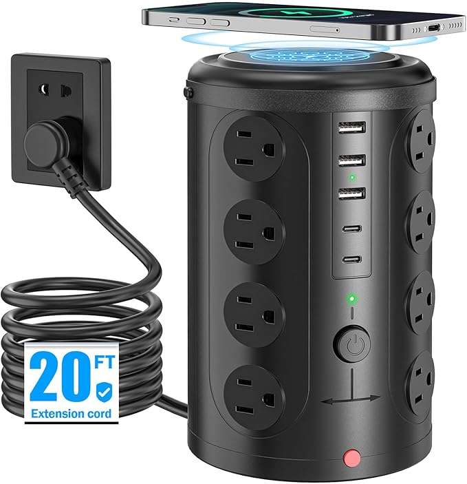 Tower Power Strip with 15W Wireless Charger, 20FT Extension Cord, 16 AC Outlets & 5 USB Ports (2 USB C) - Surge Protector for Office, Home, Dorm Room (Black)