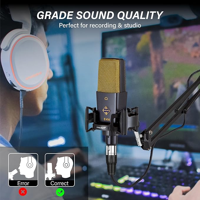 XLR Podcast Microphone Professional Cardioid Studio Condenser Microphone 25mm Large Diaphragm Computer PC Gaming Mic Kit with Upgrade Pop Filter for Vocal Recording,Streaming,YouTube C414