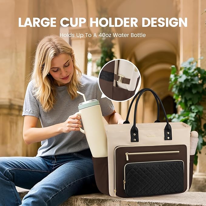 LOVEVOOK Laptop Tote Bag for Women With Large Cup Holder, Work Bags Teacher Nurse Bag, 17.3 Inch Professional Briefcase Business Travel Large Purses Handbag Gifts, Diaper Bag With Multi-Pockets