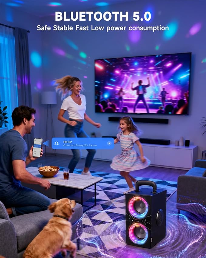 Party Bluetooth Speaker:80W Peak Large Stereo Sound for Outdoor,Deep Bass,TWS,Loud with Lights,Portabe Wireless Big Speakers with Long Playtime,House,Projector,Movie