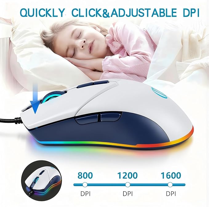 Wired Mouse, USB Computer Mouse 1600 DPI Mobile Optical Mouse Ergonomic Design Computer Mice with Cord for Laptop, PC, Desktop, MacBook, 7 Buttons (White)