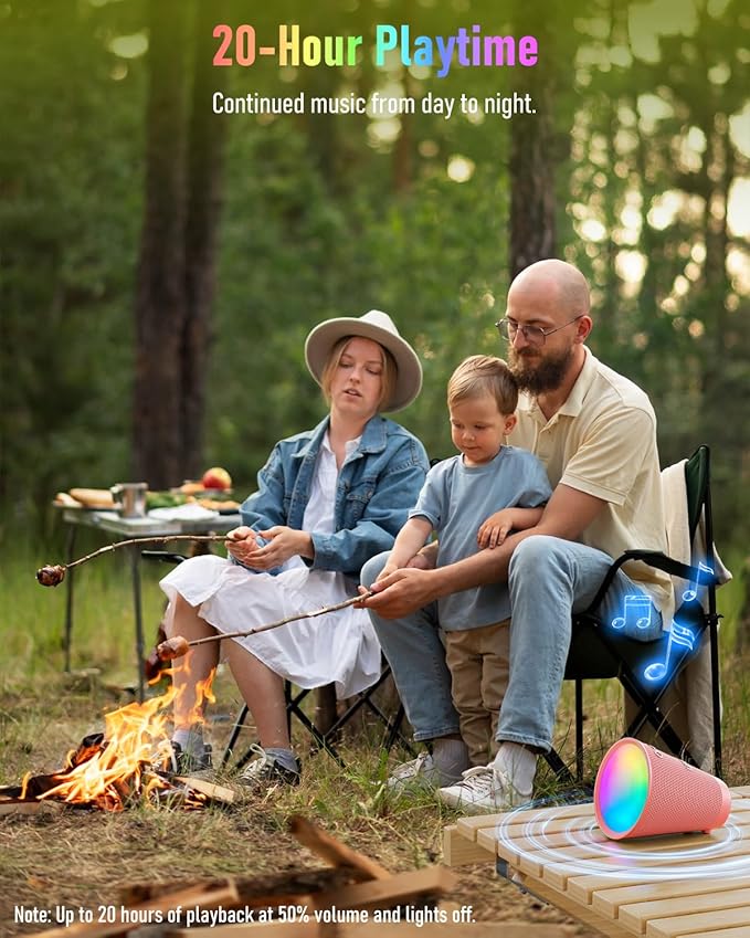 Portable Bluetooth Speaker Wireless with 9 Color Lights, 20H Playtime, Stereo Pairing, Deep Bass, IPX6 Waterproof, Bluetooth 5.3, Small Speaker for Home, Party, Outdoor, Camping