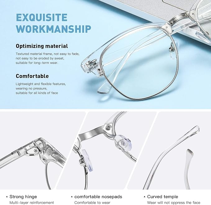 Blue Light Blocking Glasses Vintage Half Frame UV Clear Lens Anti Eyestrain Computer Gaming Glasses for Women Men (E-black Gold +crystal Silver)