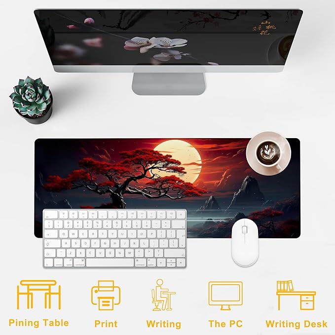 Desk Pad Darkness Red Moon Desk Mat for Keyboard and Mouse, Large Mousepad with Stitched Edges for Work Game Office, 31.5 x 11.8 in