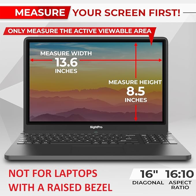 SightPro Magnetic Laptop Privacy Screen 16 Inch 16:10 - Patented Removable Laptop Privacy Filter Shield and Protector