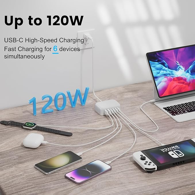 USB C Charger Block,120W 6 Port USB Charging Station,Multiports with 4 USB-C and 2 QC USB A,Portable PD Fast Wall Charger for iPhone16/15/14/13/12/11 Pro Max,iPad,iWatch,Pixel Samsung Galaxy