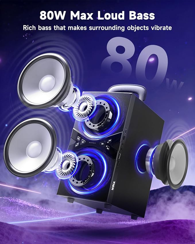 Party Bluetooth Speaker:80W Peak Large Stereo Sound for Outdoor,Deep Bass,TWS,Loud with Lights,Portabe Wireless Big Speakers with Long Playtime,House,Projector,Movie