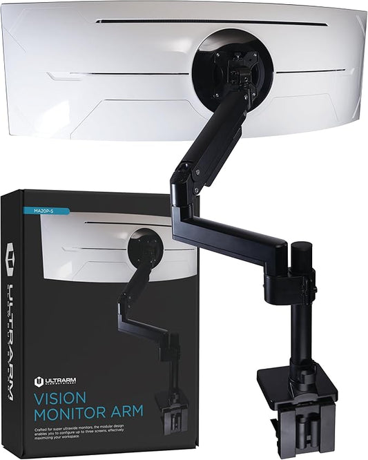 ULTRARM Heavy Duty Monitor Arm for Ultrawide Monitors up to 57" and 44 lbs, Single Desk Stand, Pneumatic Height Adjustable, Modular Extension Arms - Max VESA 100x100, Black, MA20P-S