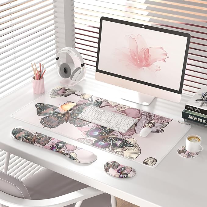 QIYI Leather Desk Mat Set, 4-in-1 Large Mouse Pad with Wrist Rest, Non-Slip Desk Pad + Keyboard Wrist Rest + Mouse Wrist Support + Coaster, Office Desk Accessories Home Decor Supplies, Butterflies