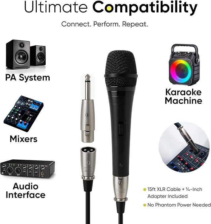 Bowens Dynamic Microphone 2-Pack – Wired Handheld XLR Mics with 15ft Cables, Professional Vocal Microphones for Singing, Karaoke, Podcasting, PA Systems, and Studio Recording Microfono