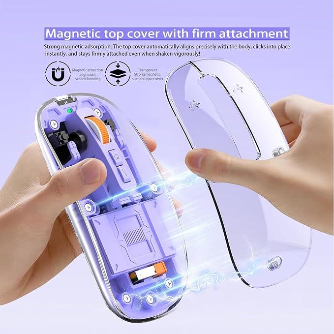 Creative Transparent Slim Wireless Mouse - Magnetic Cover, 3-Mode (Dual Bluetooth + USB), Rechargeable, One-Click Desktop, for MacBook/pc/iPad/Laptop (Purple)