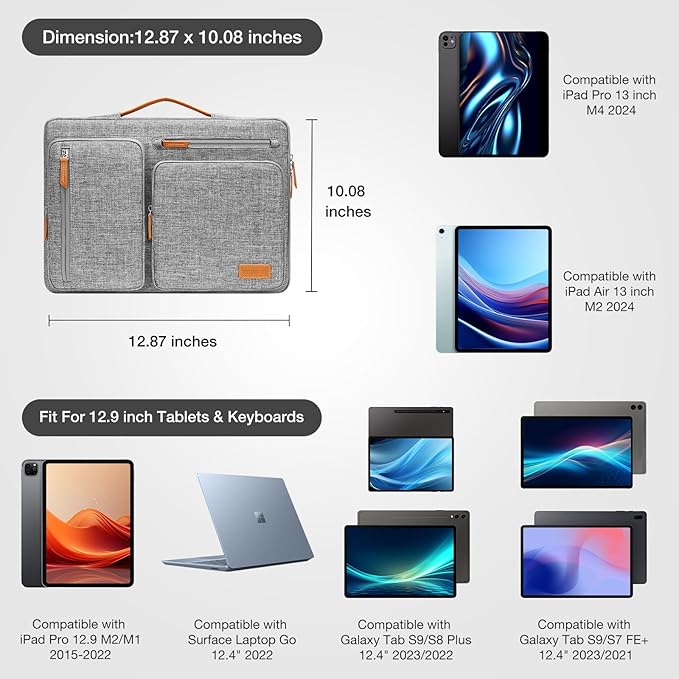 MOSISO 12.9 inch Tablet Sleeve Case for iPad Pro 13 M4 & iPad Air 13 M3 M2, iPad Pro 12.9 M2 M1 6/5th with Magic Keyboard&Smart Keyboard Folio, Side Open Carrying Bag with 4 Zipper Pockets, Gray