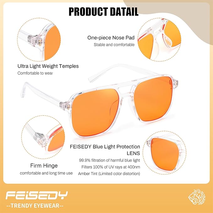 FEISEDY Amber Blue Light Glasses for Computer Gaming Orange/Yellow lens Anti Eyestrain Sleep Glasses G2835