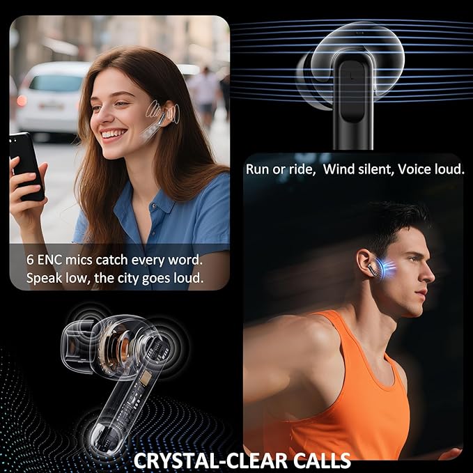 Wireless Earbuds Bluetooth 5.4, 6 Mic ENC Noise Cancelling Clear Call, in Ear Buds Deep Bass HiFi Stereo Sound, Big Dual LED Display 48H Playtime Earphones IPX7 Waterproof Headphones Android iOS Black