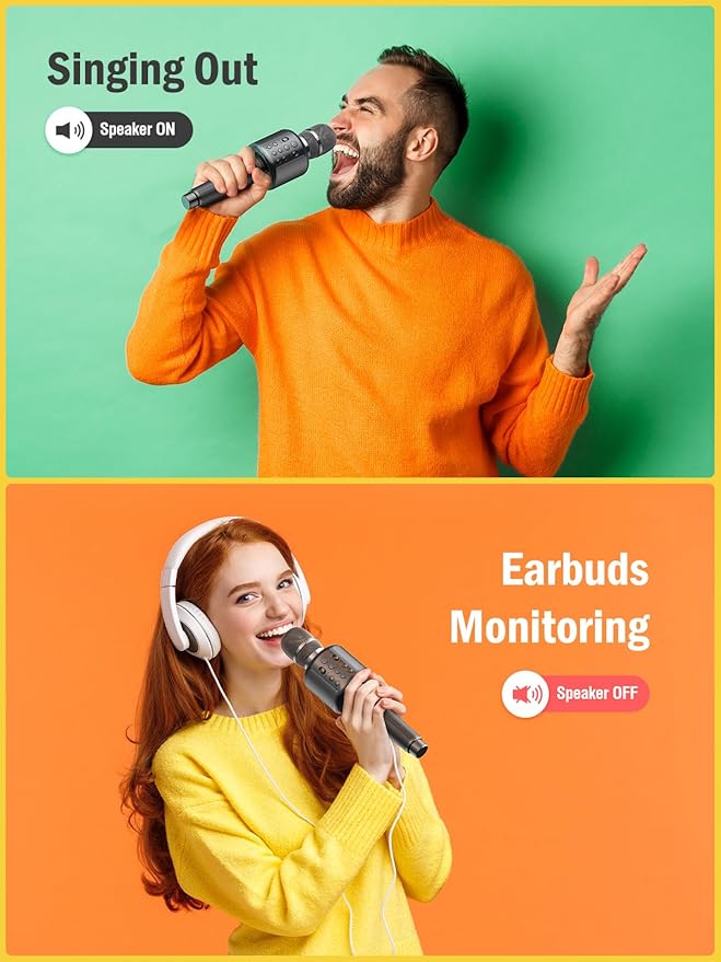 Wireless Bluetooth Karaoke Microphone, Built-in Loud Speaker for 10H Playback, Add Reverb/Duet Mode/Earbuds Monitoring, Portable Karaoke Machine for Entertainment & Singing Practice (Black&Red)