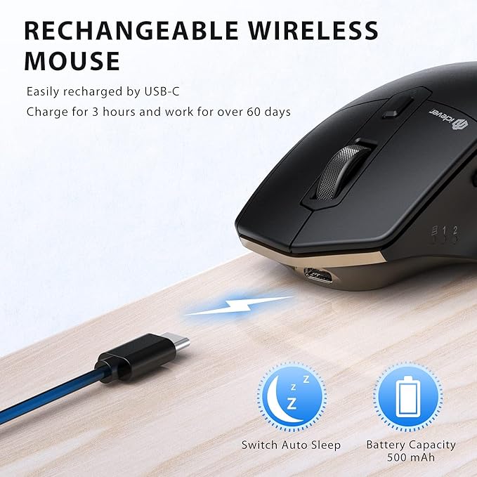 iClever Wireless Mouse with Bluetooth or USB Receiver, 5 Adjustable 2400DPI Rechargeable Computer Mice, Wireless Mouse for Laptop, iPad, MacBook, Tablet, PC