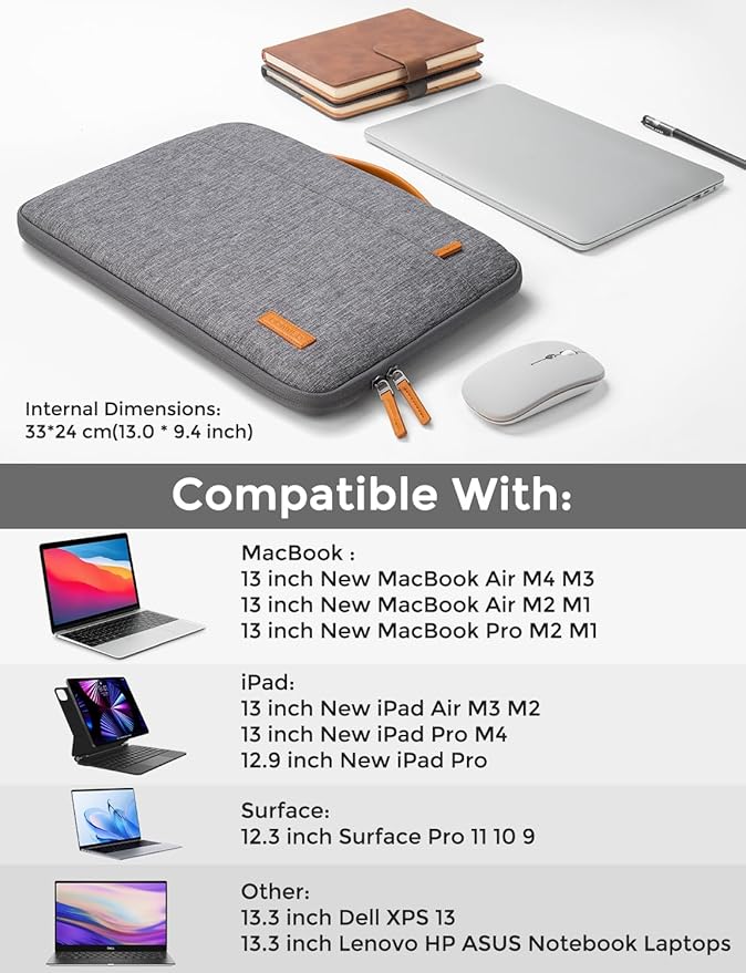 DOMISO Laptop Case Sleeve Protective Cover Compatible with MacBook Air 13 M4 M3 M2,MacBook Pro M2 M1,iPad Air/Pro,13 inch Dell,Lenovo, HP,Asus,Waterproof Computer Cases Bag with Handle,Grey