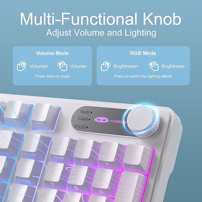 MageGee GK960 Wireless Gaming Keyboard, RGB Tri-Mode Wired/BT/2.4G Creamy Keyboard with Number Pad, 4000mAh Battery, Knob Control, Side Printed Keycaps, 19-Key Rollover for Win/Mac (White Topographic)