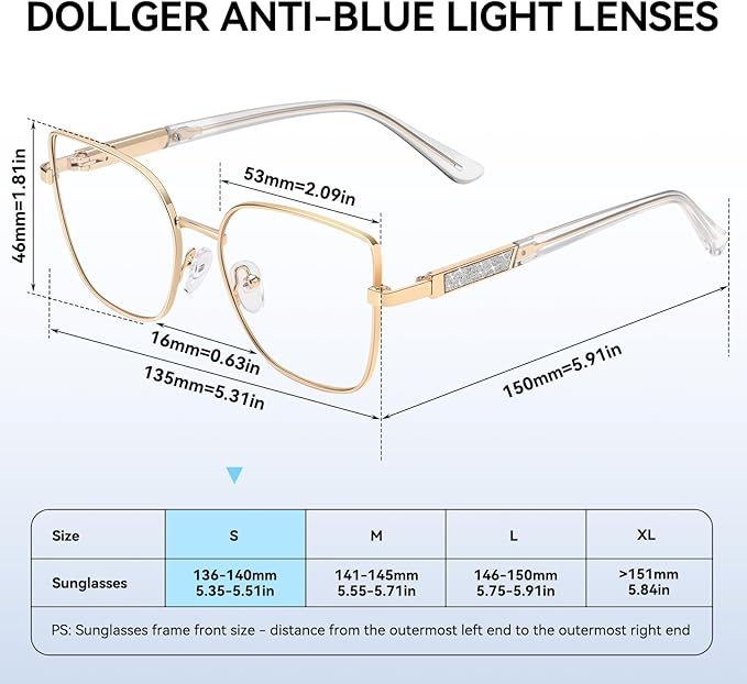 Dollger Square Blue Light Blocking Glasses for Women Trendy Oversized Computer Gaming Eyeglasses Cat Eye Metal Frame bluelight glasses Gold
