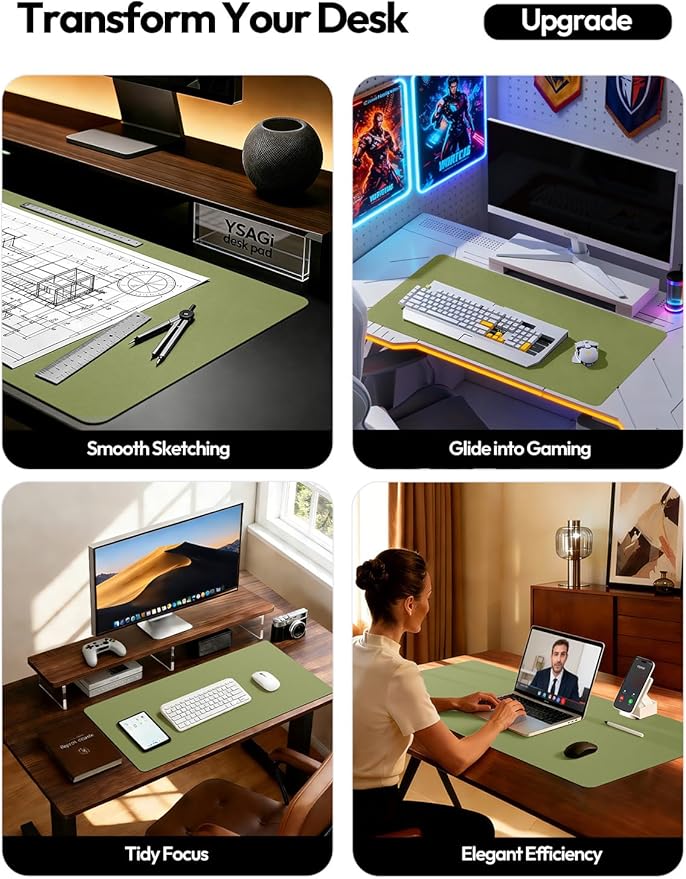 YSAGi Leather Desk Protector, Office Mat, Large Mouse Mat, Non-Slip PU Leather Blotter, Laptop Pad, Waterproof Writing Pad for Office and Home (Green, 35.4" x 17")