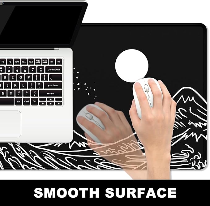 BOSOBO Large Mouse Pad, XXL XL Extended Gaming Desk Mat for Office & Home, Long Keyboard Mat, Desktop Full Cover 35.5 x 15.7 Inches, Art Japan Kanagawa Wave Black
