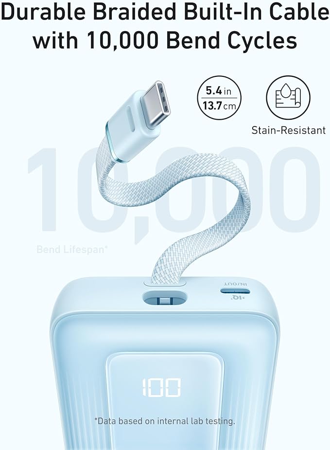 Anker Zolo Power Bank (2025 Upgraded Version), 20,000mAh 30W High-Speed Portable Charger with Built-in USB-C Cable, Battery Pack for iPhone 17/16 / 15 Series, Galaxy, and More