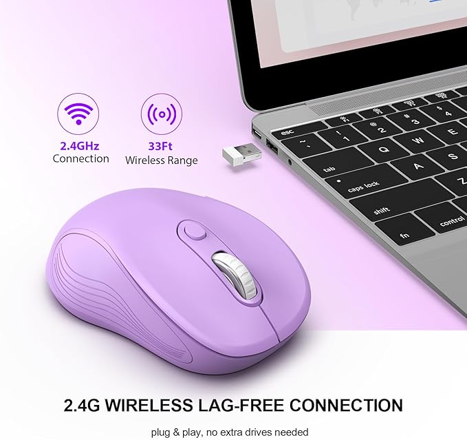 WisFox 2.4G Wireless Mouse for Laptop, Ergonomic Computer Mouse with USB Receiver and Type-C Adapter, 3 Adjustable Levels DPI, 6 Button Cordless Wireless Mice (Lilac, 1 Pack)