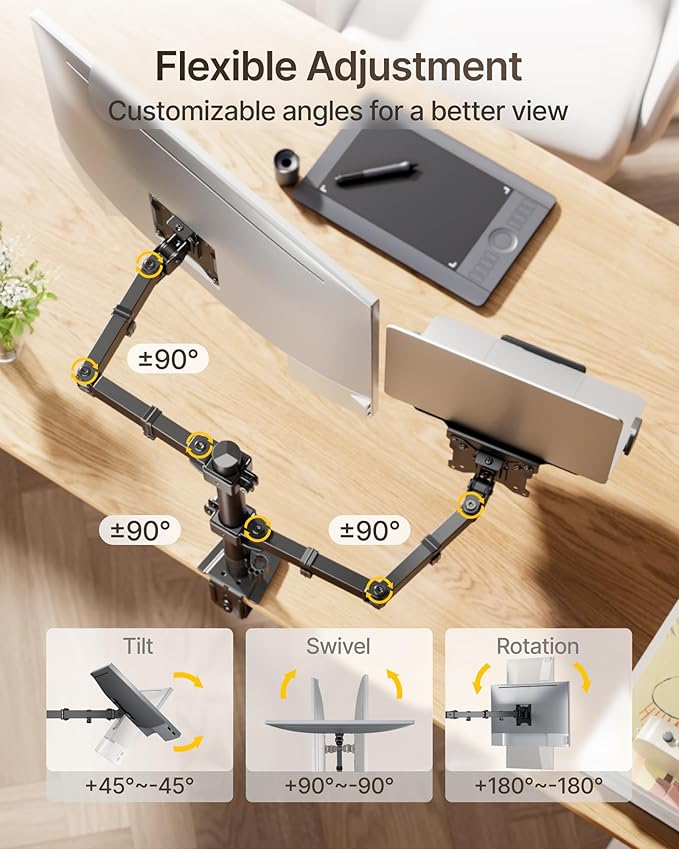 monTEK 2-in-1 Monitor Mount and Laptop Stand for Desk, Ergonomic Height Adjustable Monitor Arm Fit up to 32 inch Screen and 17 inch Laptop, Hold up to 22lbs Weight, C-Clamp and Grommet