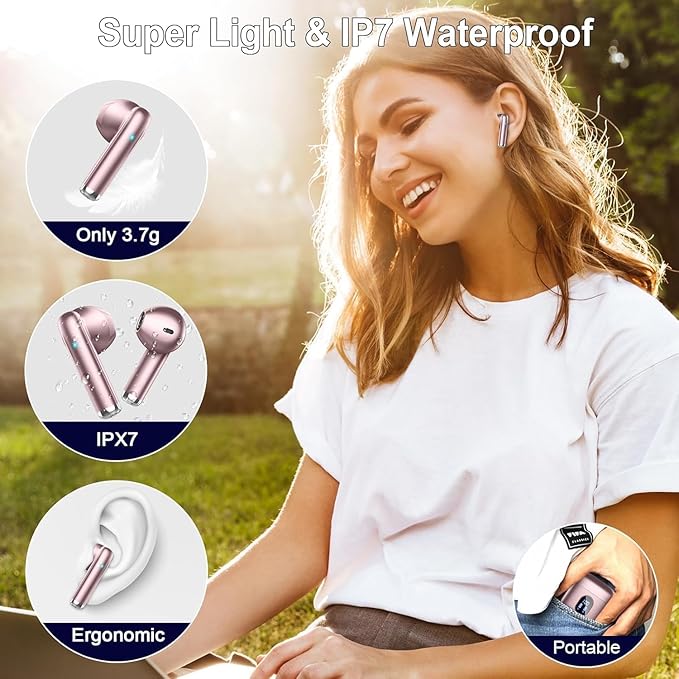 Wireless Earbuds, Bluetooth Headphones V5.4 Stereo Bass Ear Buds with ENC Noise Cancelling Mics,30H Bluetooth Earbuds with LED Display Charging Case, IP7 Waterproof Earphones for Android iOS【Mini】